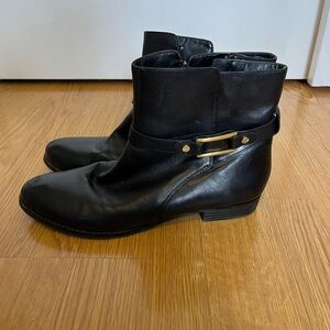 Isaac Mizrahi Black Leather Ankle Boots. Gold Detail